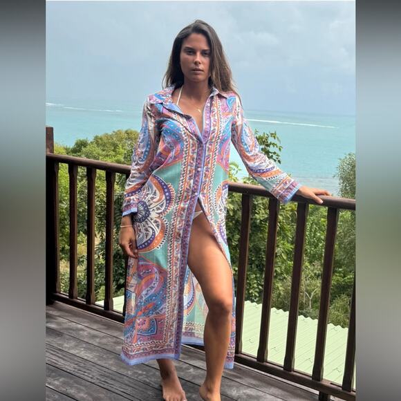 Takawear Giselle Kaftan Multicolored Long Sleeve Buttoned Dress Cover-up S - Picture 1 of 11